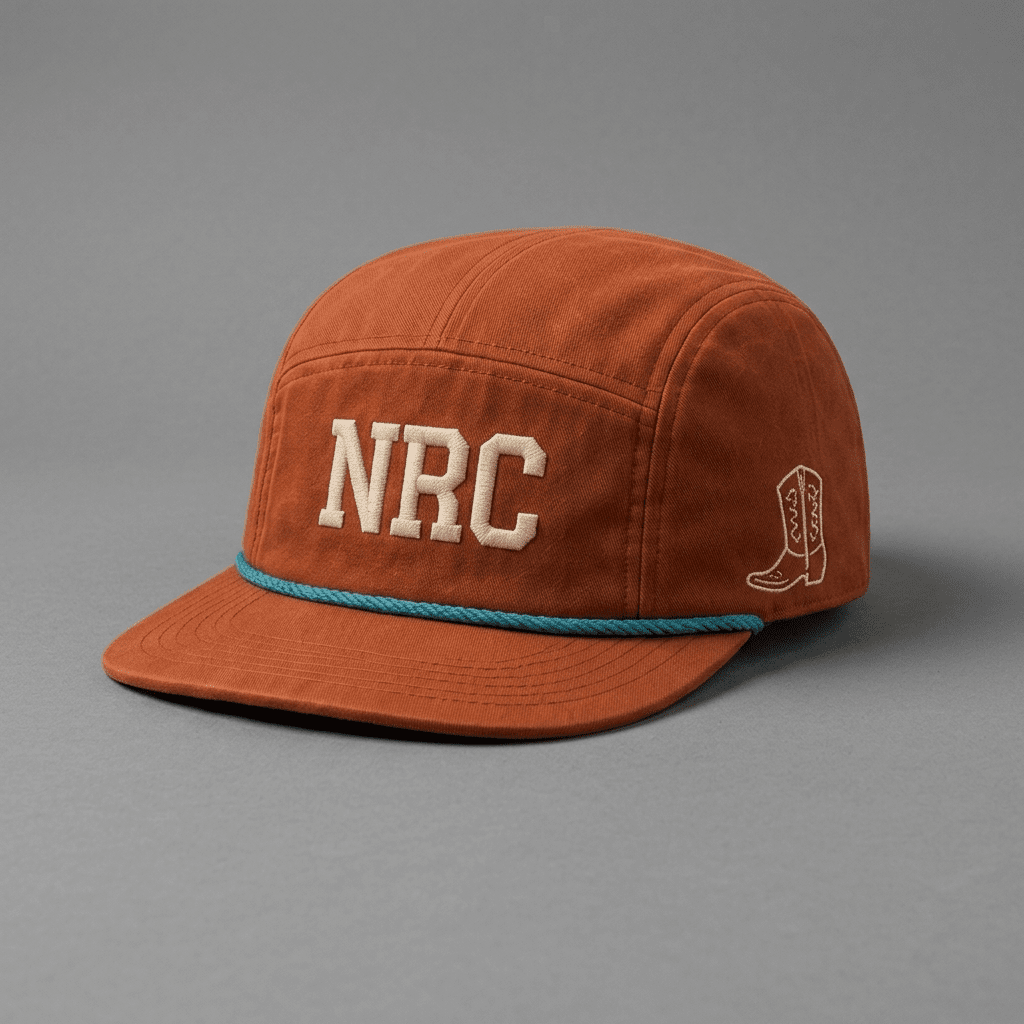 Fort Worth 817 Ninja Run Club five-panel running hat in Burnt Orange / Teal / Cream with NRC embroidery and western boot detail