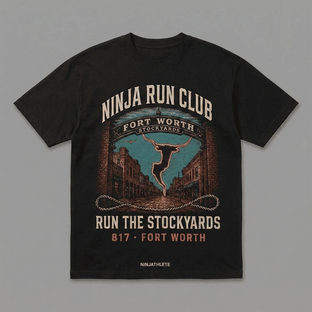 Fort Worth 817 black oversized running t-shirt featuring the Fort Worth Stockyards, a Texas longhorn and the historic western district and the words Run the Stockyards by Ninja Run Club