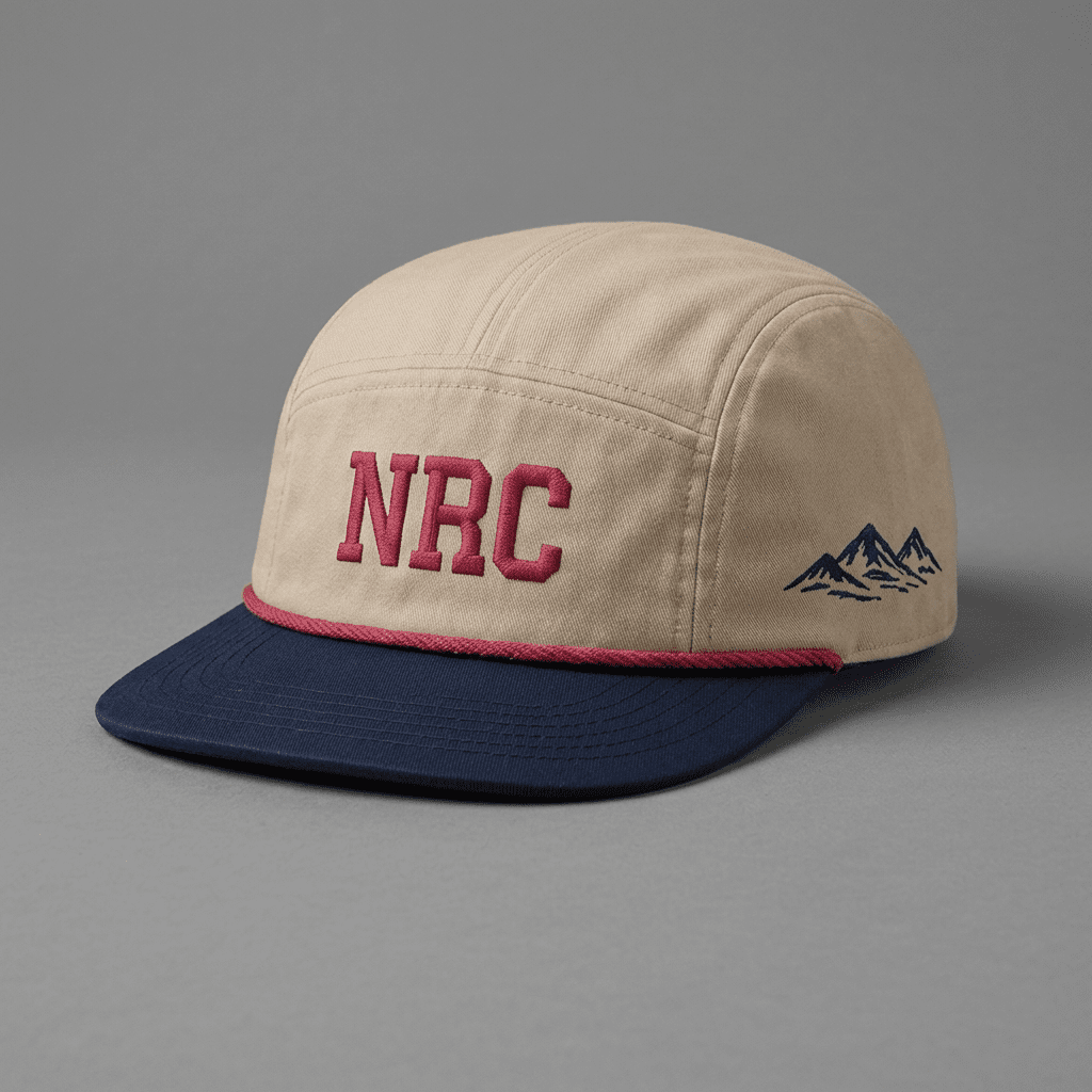 El Paso 915 Ninja Run Club five-panel running hat in Sand / Navy / Pink with NRC embroidery and mountain range detail