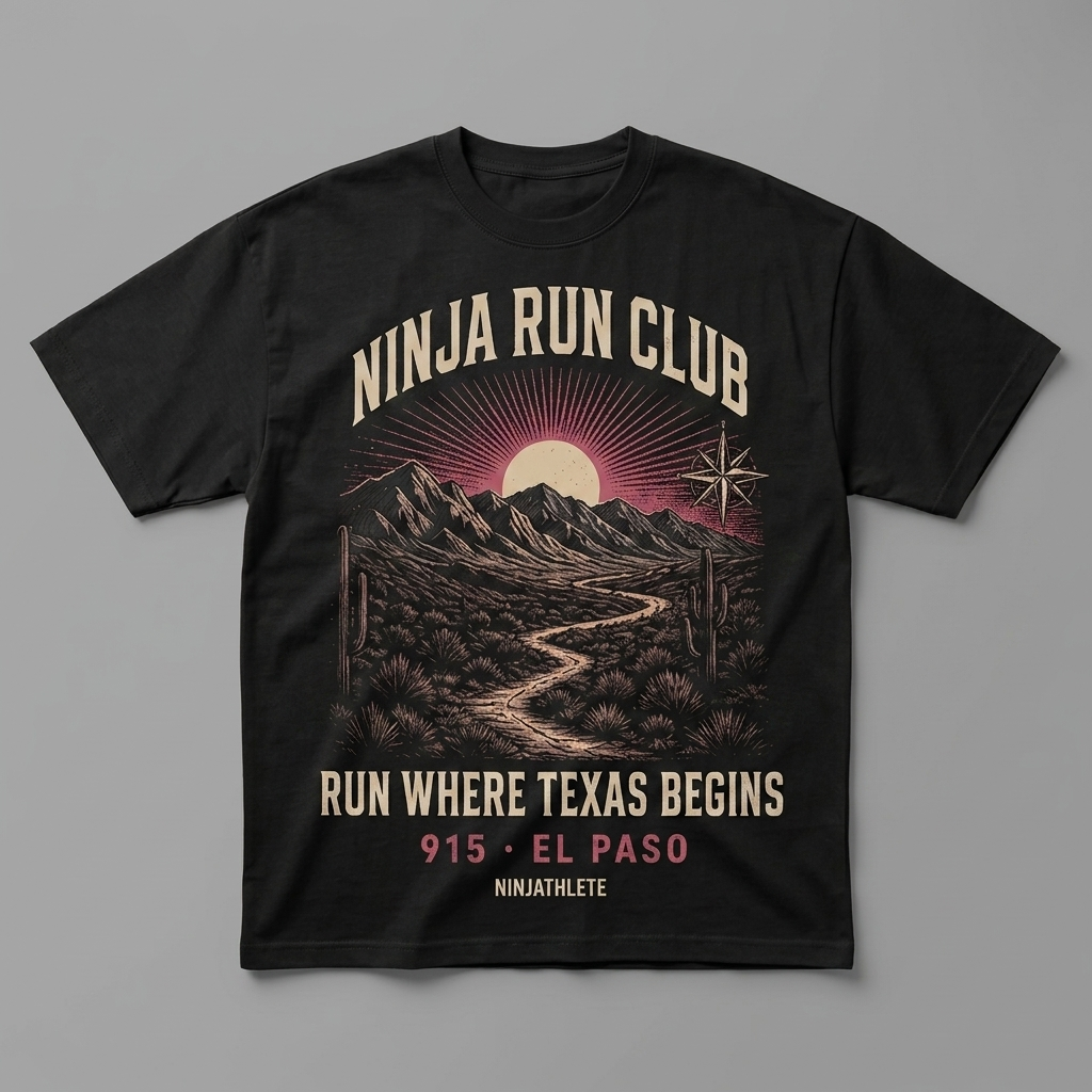 El Paso 915 black oversized running t-shirt featuring the Franklin Mountains, desert terrain and a West Texas sunset and the words Run Where Texas Begins by Ninja Run Club