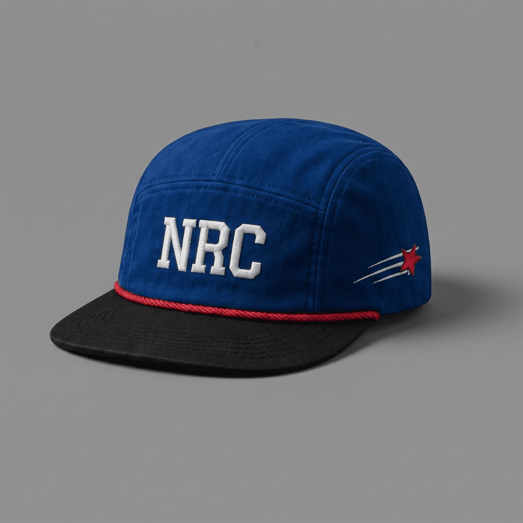 Arlington 817 Ninja Run Club five-panel running hat in Royal Blue / Black / Red / White with NRC embroidery and shooting star detail