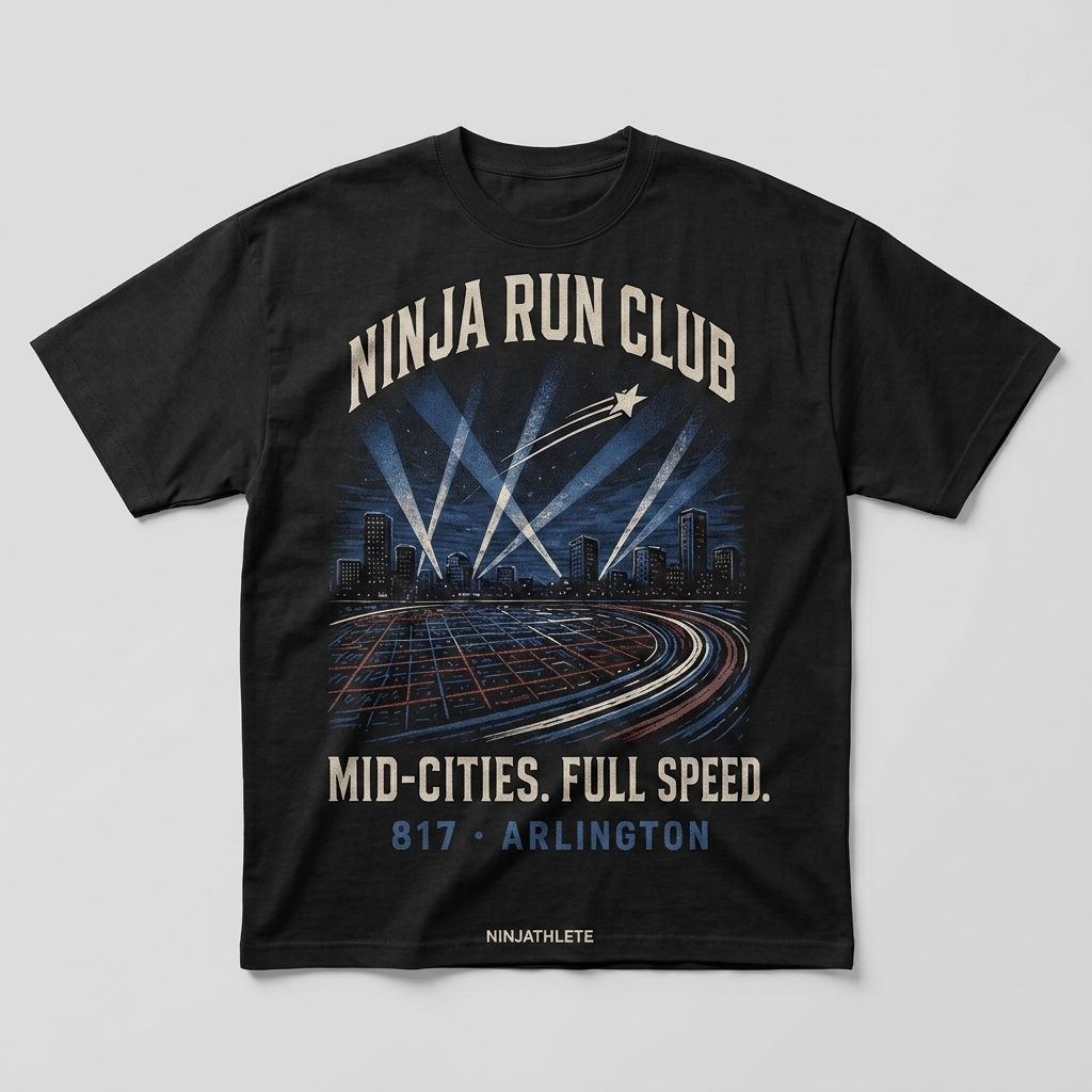 Arlington 817 black oversized running t-shirt featuring Arlington stadium lights, a North Texas skyline and fast road lines and the words Mid-Cities. Full Speed. by Ninja Run Club