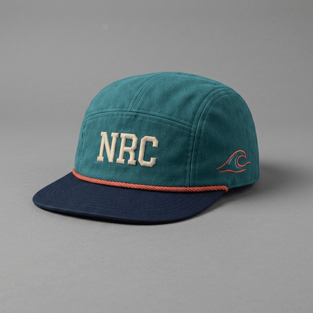Corpus Christi 361 Ninja Run Club five-panel running hat in Teal / Navy / Coral / Cream with NRC embroidery and wave detail