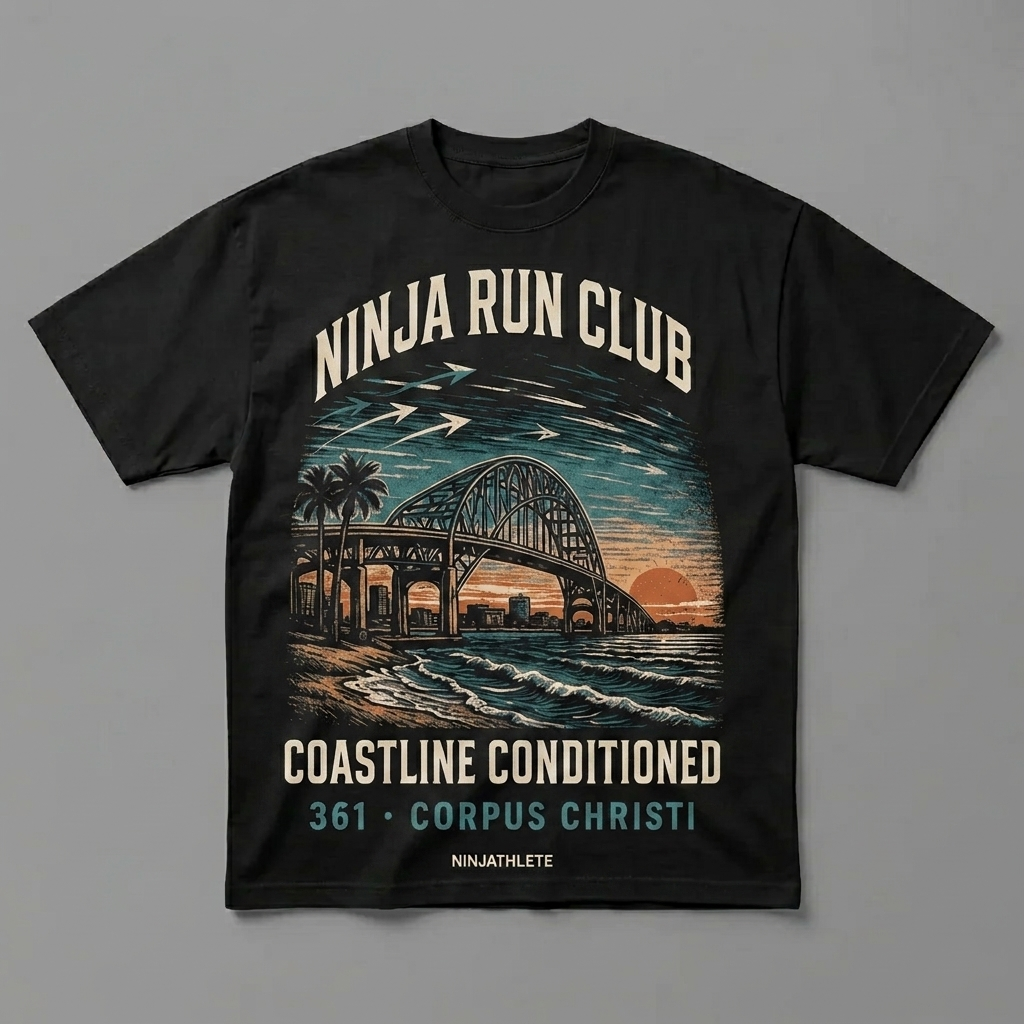 Corpus Christi 361 black oversized running t-shirt featuring the Corpus Christi Harbor Bridge, Gulf Coast waves and a palm-lined waterfront and the words Coastline Conditioned by Ninja Run Club