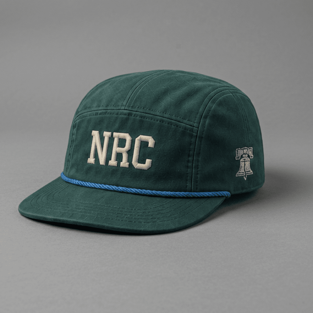 Philadelphia 215 Ninja Run Club five-panel running hat in Midnight Green / Blue / Cream with NRC embroidery and Liberty Bell detail
