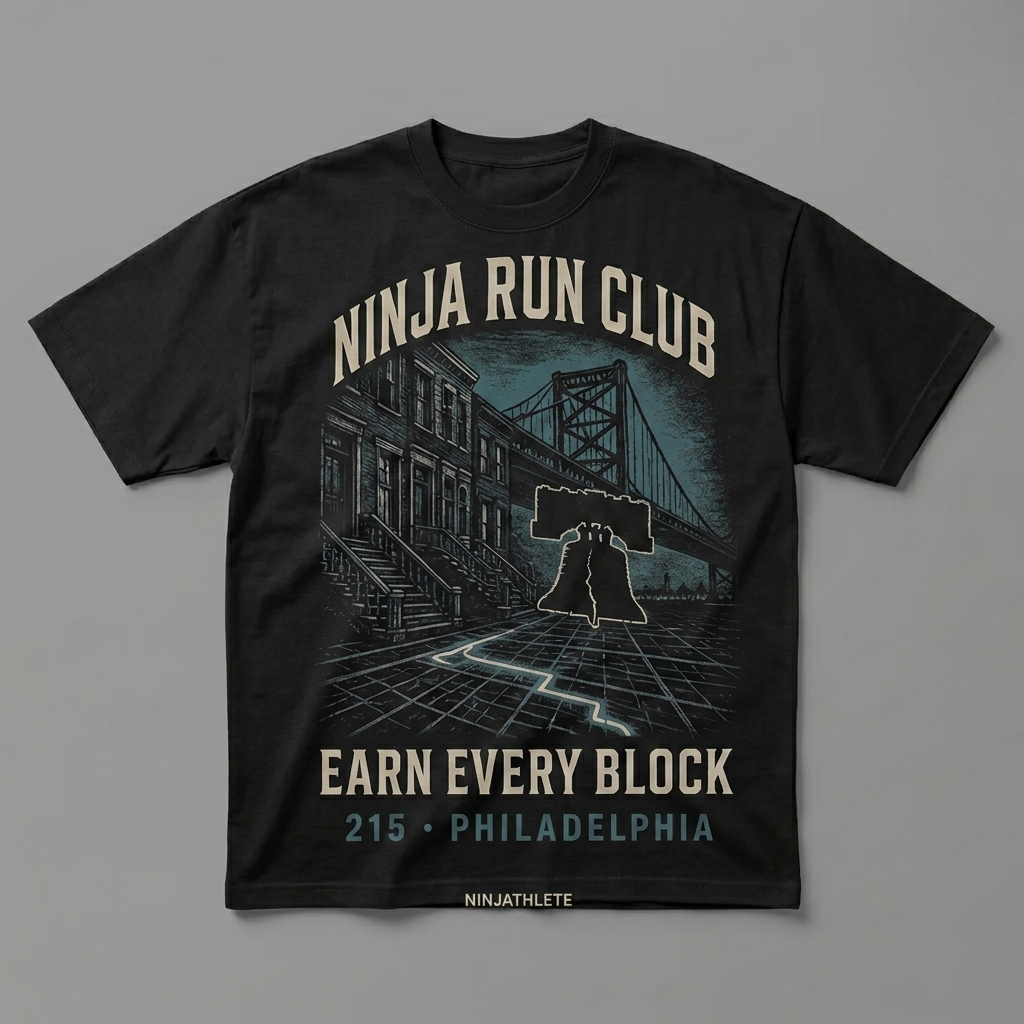 Philadelphia 215 black oversized running t-shirt featuring the Liberty Bell, Philadelphia rowhouses and bridge-lined city streets and the words Earn Every Block by Ninja Run Club