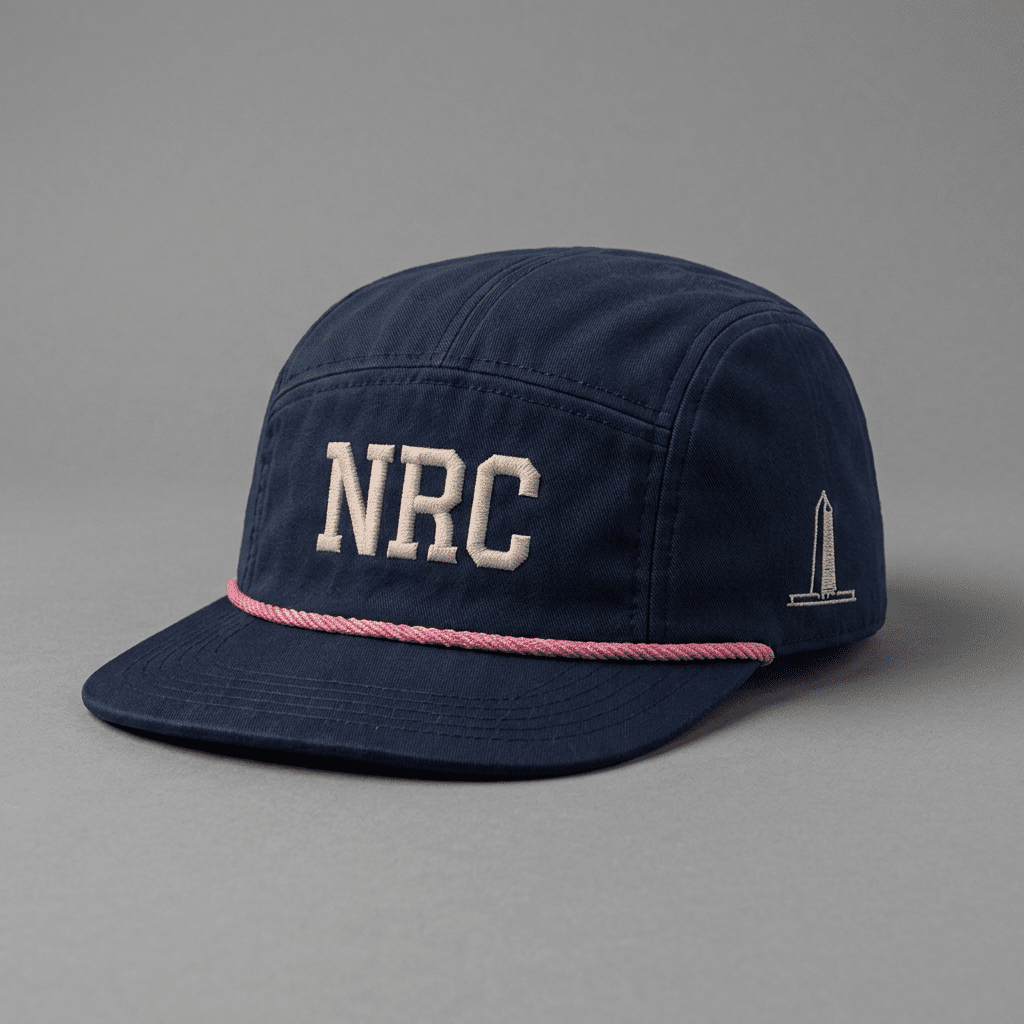 Washington DC 202 Ninja Run Club five-panel running hat in Navy / Pink / Cream with NRC embroidery and Washington Monument detail