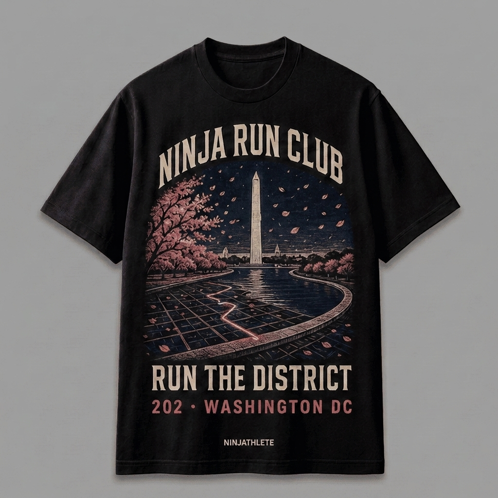Washington DC 202 black oversized running t-shirt featuring the Washington Monument, Tidal Basin water and cherry blossoms and the words Run the District by Ninja Run Club