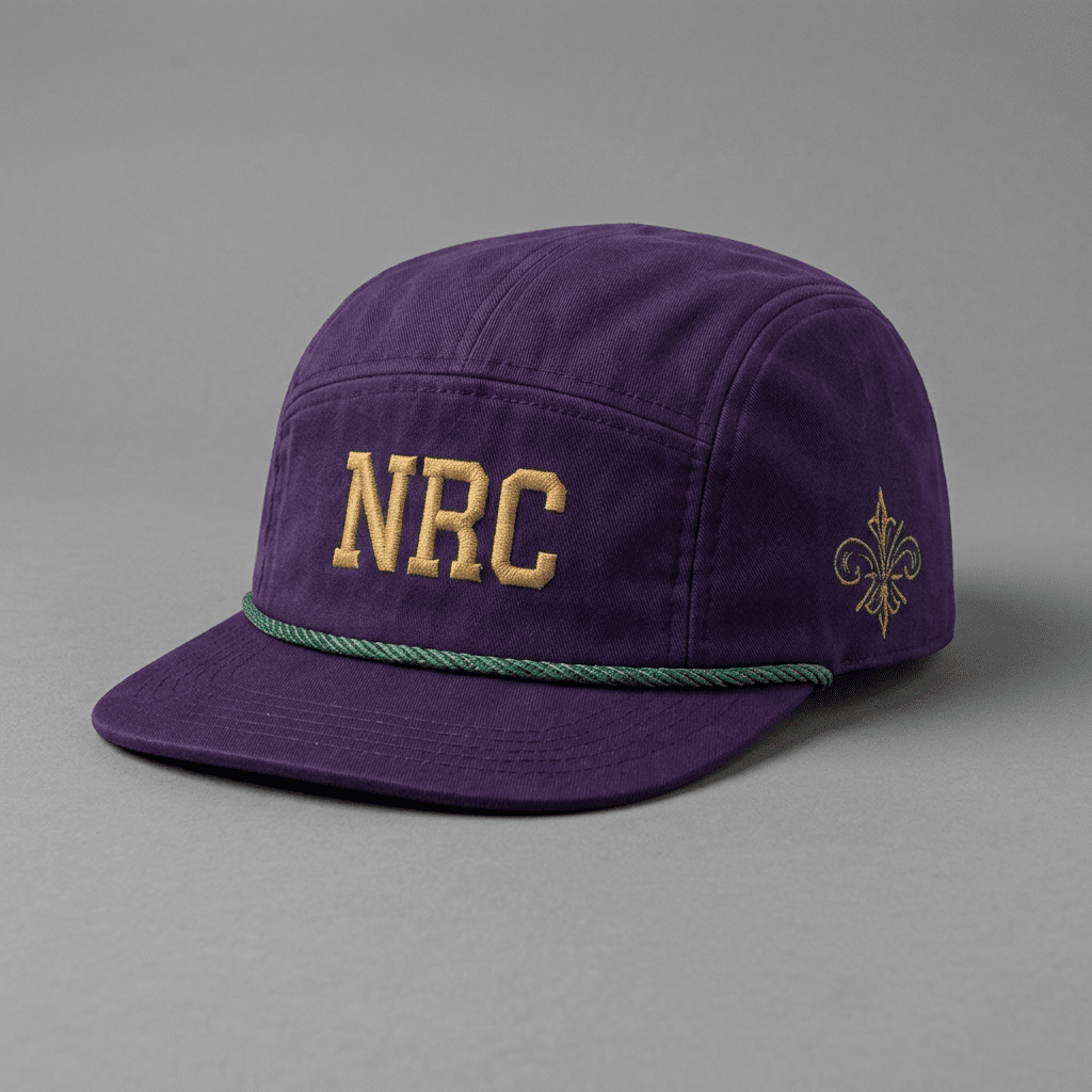 New Orleans 504 Ninja Run Club five-panel running hat in Purple / Green / Gold with NRC embroidery and fleur-de-lis detail
