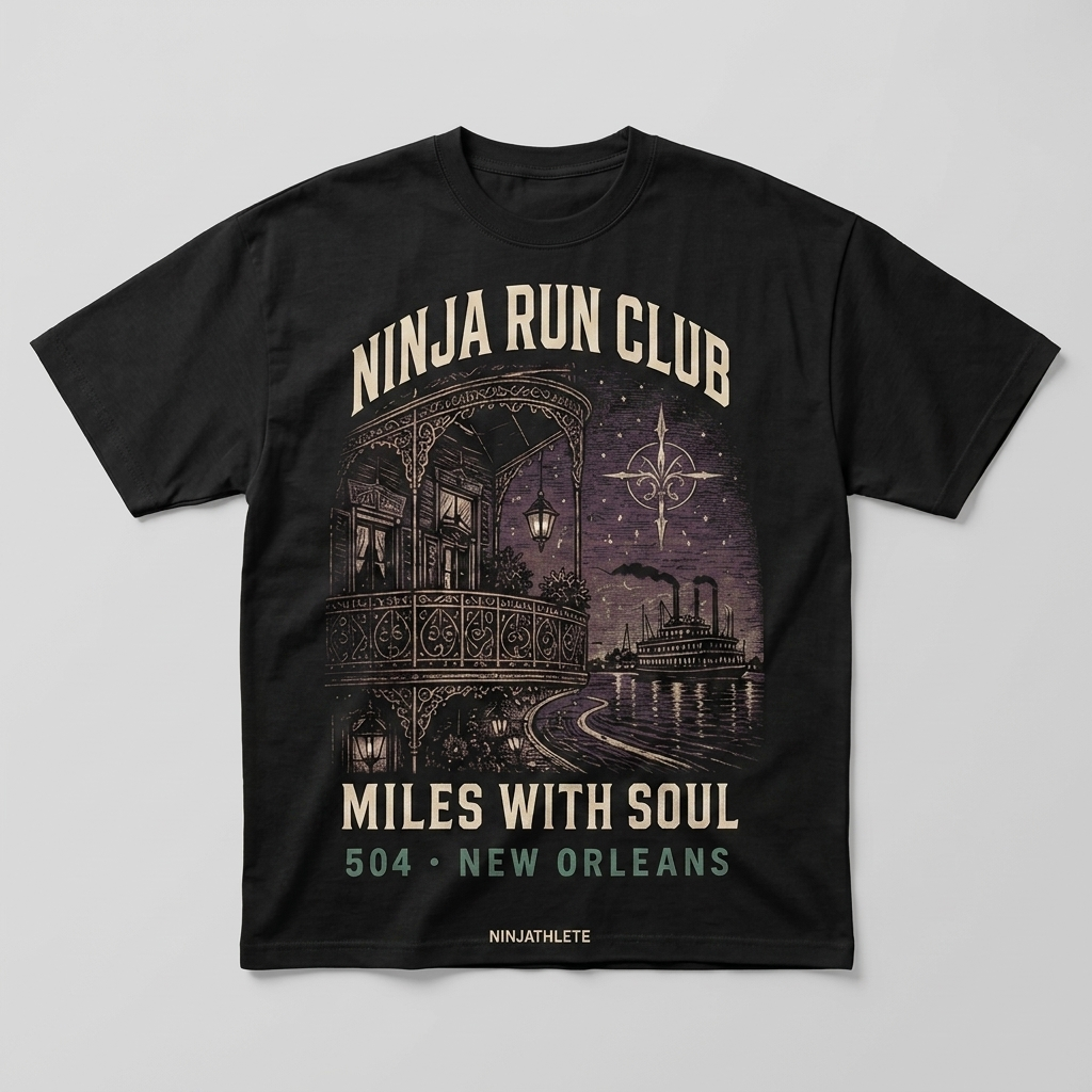 New Orleans 504 black oversized running t-shirt featuring French Quarter ironwork, a Mississippi River steamboat and the fleur-de-lis and the words Miles with Soul by Ninja Run Club