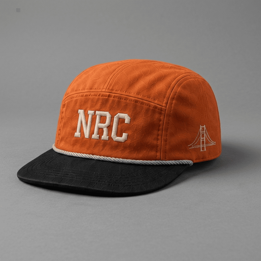 San Francisco 415 Ninja Run Club five-panel running hat in Orange / Black / Cream with NRC embroidery and Golden Gate Bridge detail