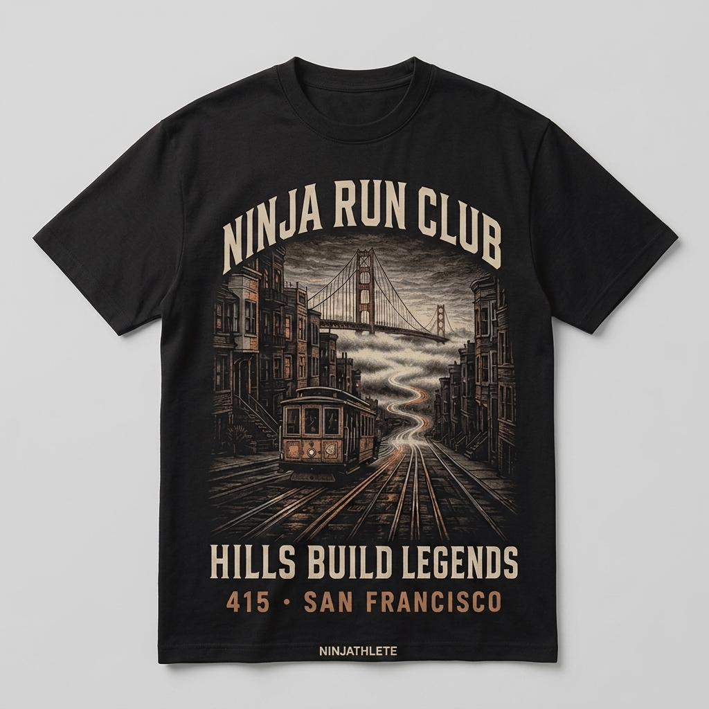San Francisco 415 black oversized running t-shirt featuring San Francisco hills, a cable car and the Golden Gate Bridge and the words Hills Build Legends by Ninja Run Club