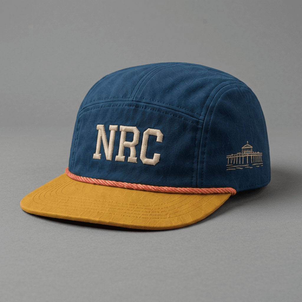 San Diego 619 Ninja Run Club five-panel running hat in Pacific Blue / Gold / Coral / Cream with NRC embroidery and coastal pier detail