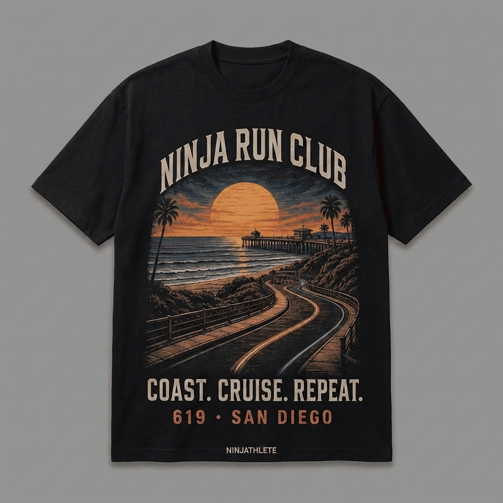 San Diego 619 black oversized running t-shirt featuring San Diego Pacific coastline, beach paths and a sunset pier and the words Coast. Cruise. Repeat. by Ninja Run Club