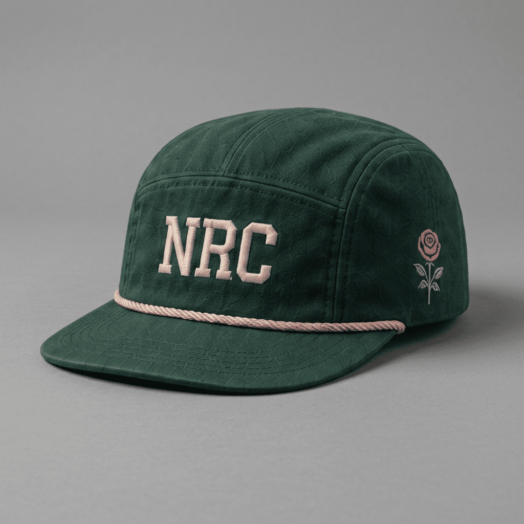Portland 503 Ninja Run Club five-panel running hat in Forest Green / Pink / Cream with NRC embroidery and Portland rose detail