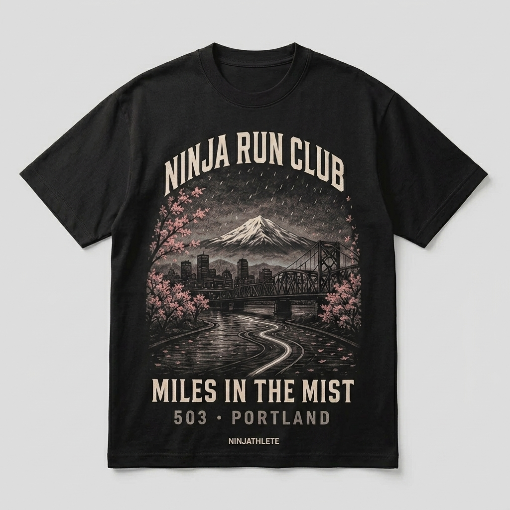 Portland 503 black oversized running t-shirt featuring Mount Hood, Portland bridges, river reflections and misty Northwest weather and the words Miles in the Mist by Ninja Run Club