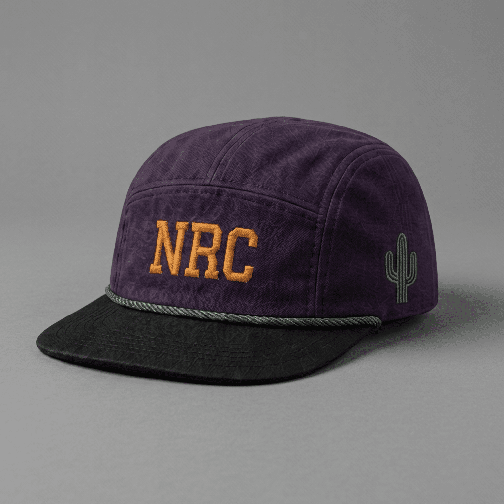 Phoenix 602 Ninja Run Club five-panel running hat in Purple / Green / Orange with NRC embroidery and saguaro cactus detail