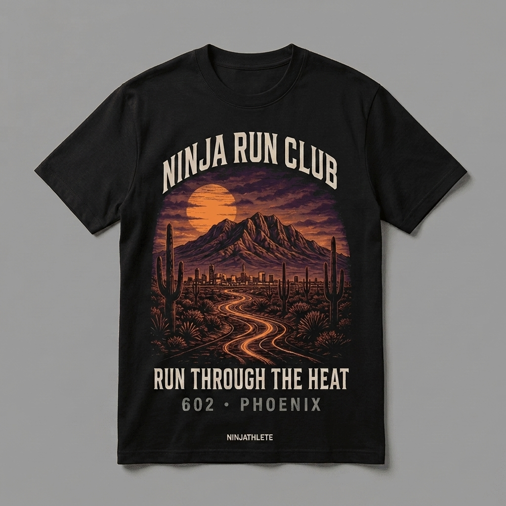 Phoenix 602 black oversized running t-shirt featuring Phoenix desert mountains, saguaro cactus and a glowing Arizona sunset and the words Run Through the Heat by Ninja Run Club