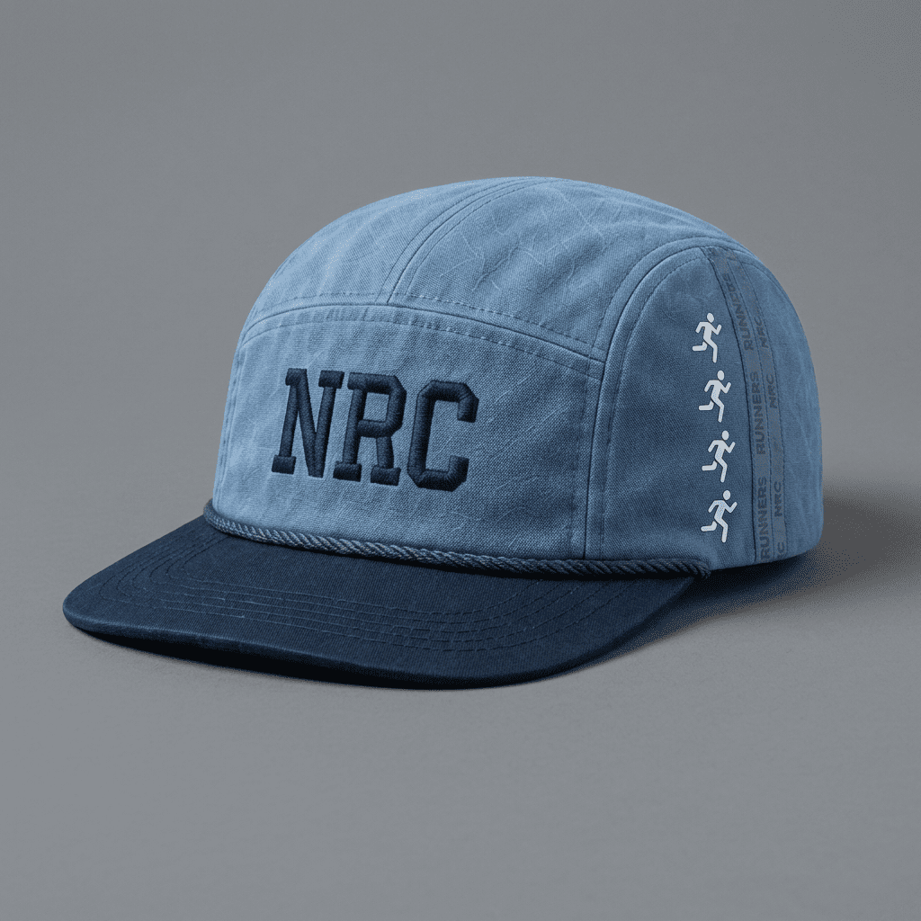 Minneapolis 612 Ninja Run Club five-panel running hat in Ice Blue / Navy / Green with NRC embroidery and cold-weather route detail detail