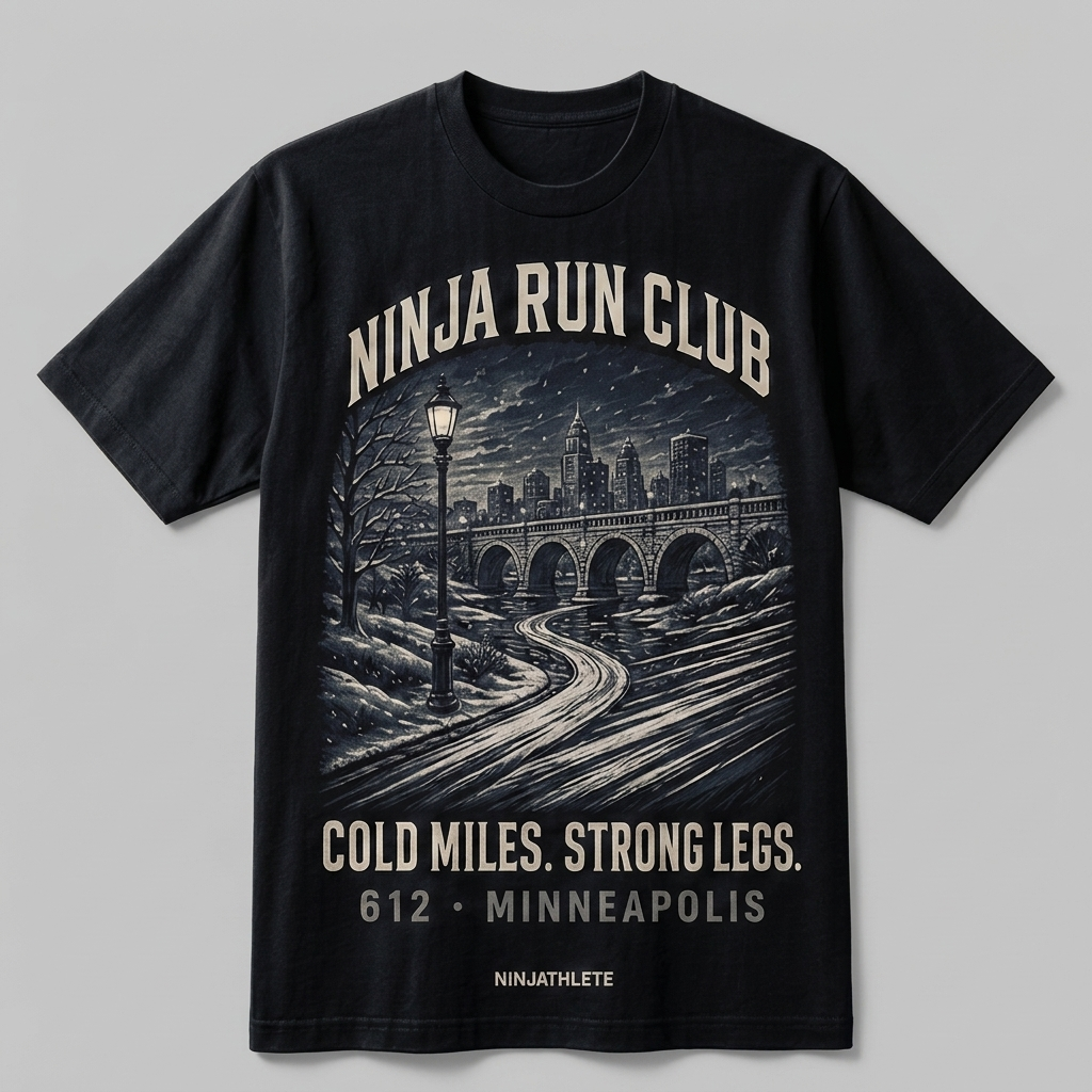 Minneapolis 612 black oversized running t-shirt featuring the Stone Arch Bridge, Minneapolis skyline and snow-covered river paths and the words Cold Miles. Strong Legs. by Ninja Run Club