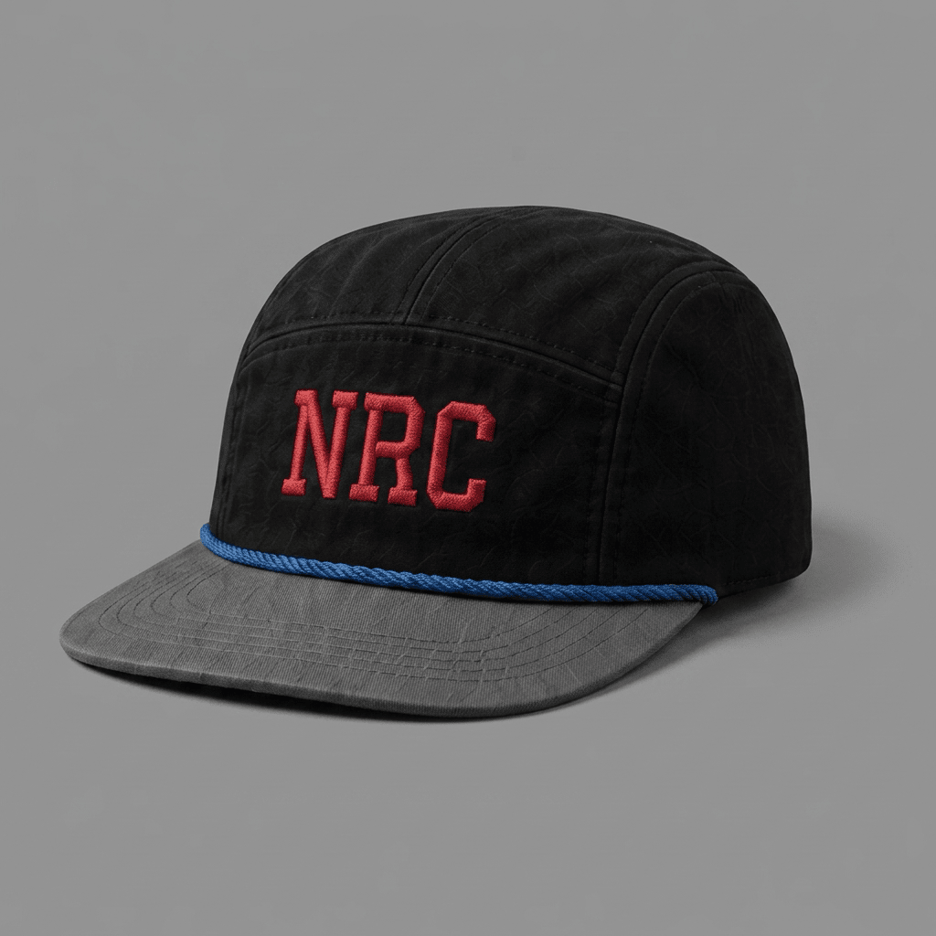 Detroit 313 Ninja Run Club five-panel running hat in Black / Gray / Red / Blue with NRC embroidery and Motor City speed detail detail