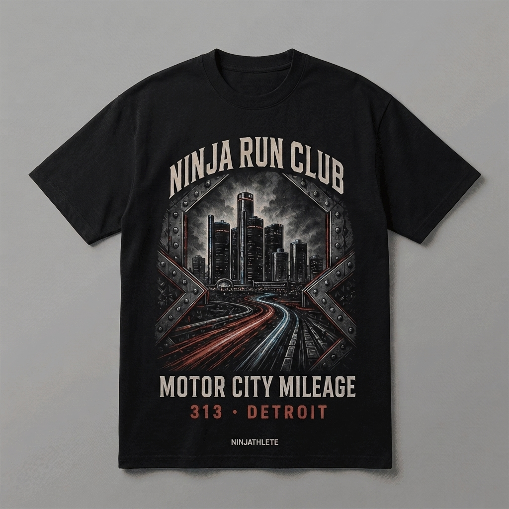 Detroit 313 black oversized running t-shirt featuring Detroit skyline, industrial steel forms and automotive light trails and the words Motor City Mileage by Ninja Run Club
