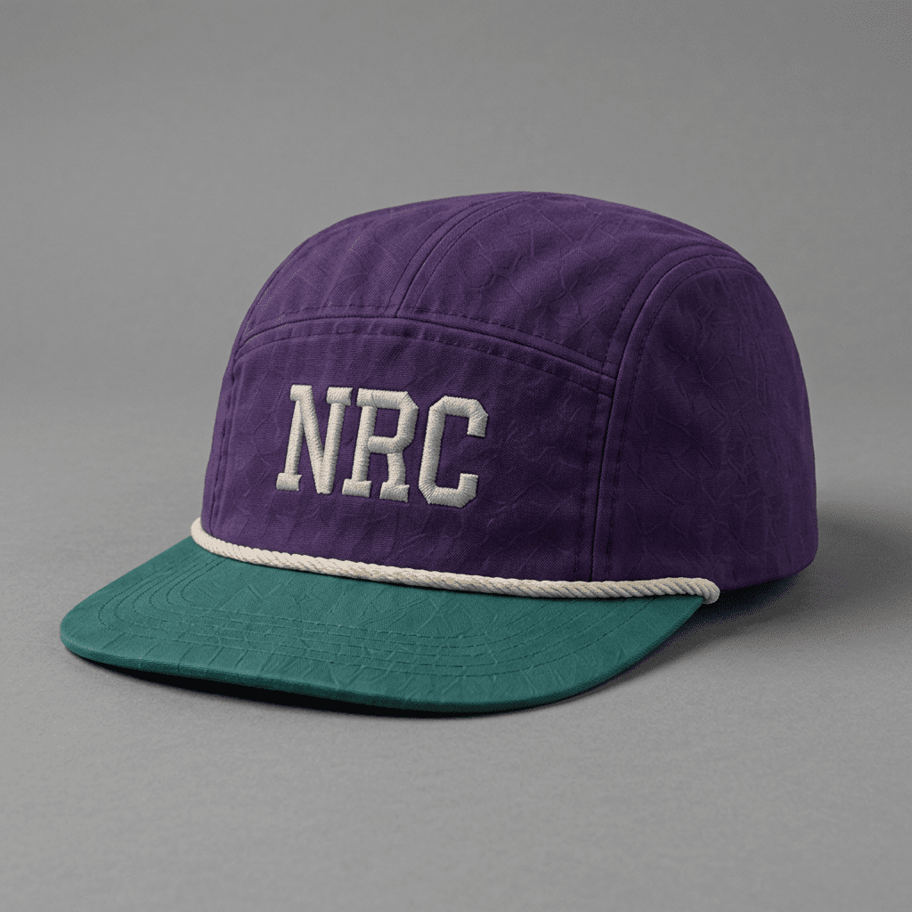 Charlotte 704 Ninja Run Club five-panel running hat in Purple / Teal / Cream with NRC embroidery and Queen City crown detail detail