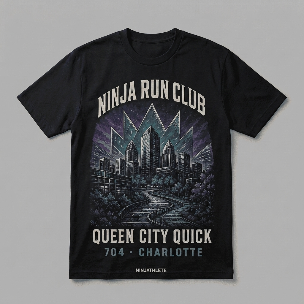 Charlotte 704 black oversized running t-shirt featuring Charlotte Uptown skyline, crown-shaped architecture and teal-purple city lights and the words Queen City Quick by Ninja Run Club