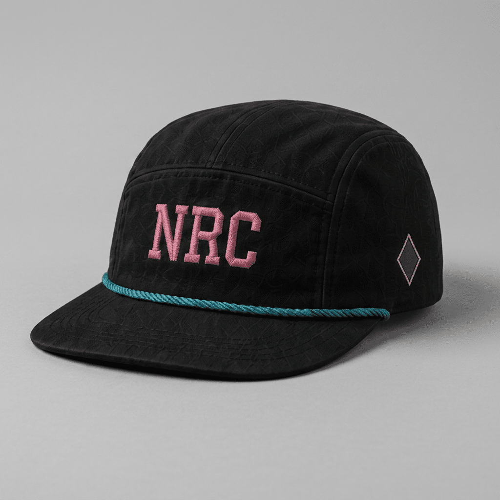 Las Vegas 702 Ninja Run Club five-panel running hat in Black / Teal / Pink / Gold with NRC embroidery and gold diamond detail