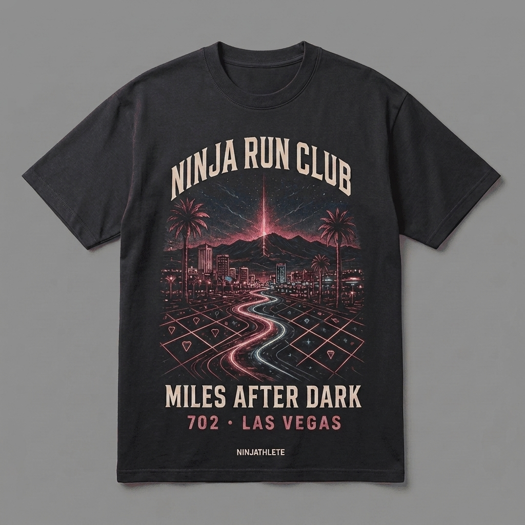 Las Vegas 702 black oversized running t-shirt featuring the Las Vegas Strip, neon road lines, palms and desert mountains and the words Miles After Dark by Ninja Run Club