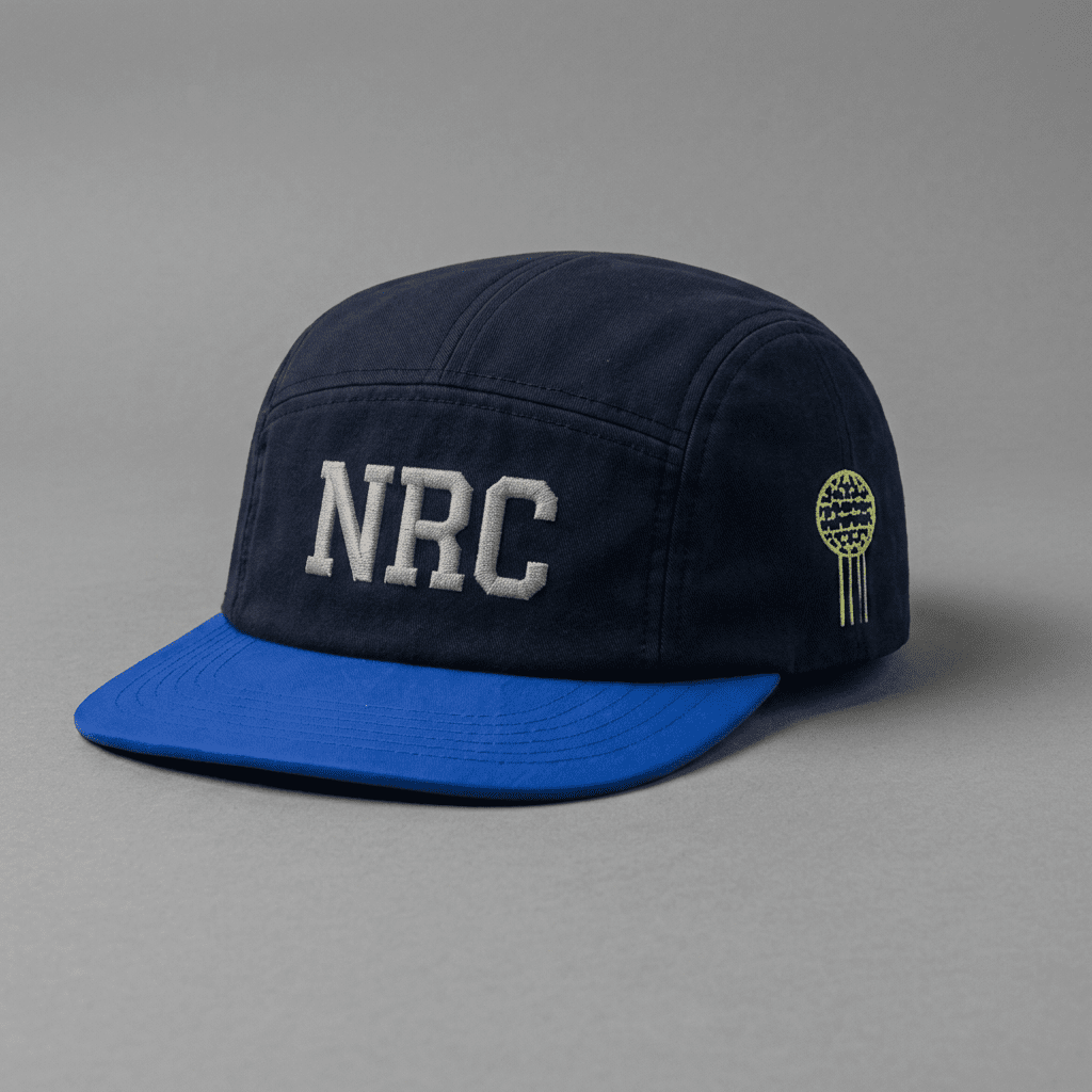 Dallas 214 Ninja Run Club five-panel running hat in Navy / Royal Blue / Lime / White with NRC embroidery and Reunion Tower detail