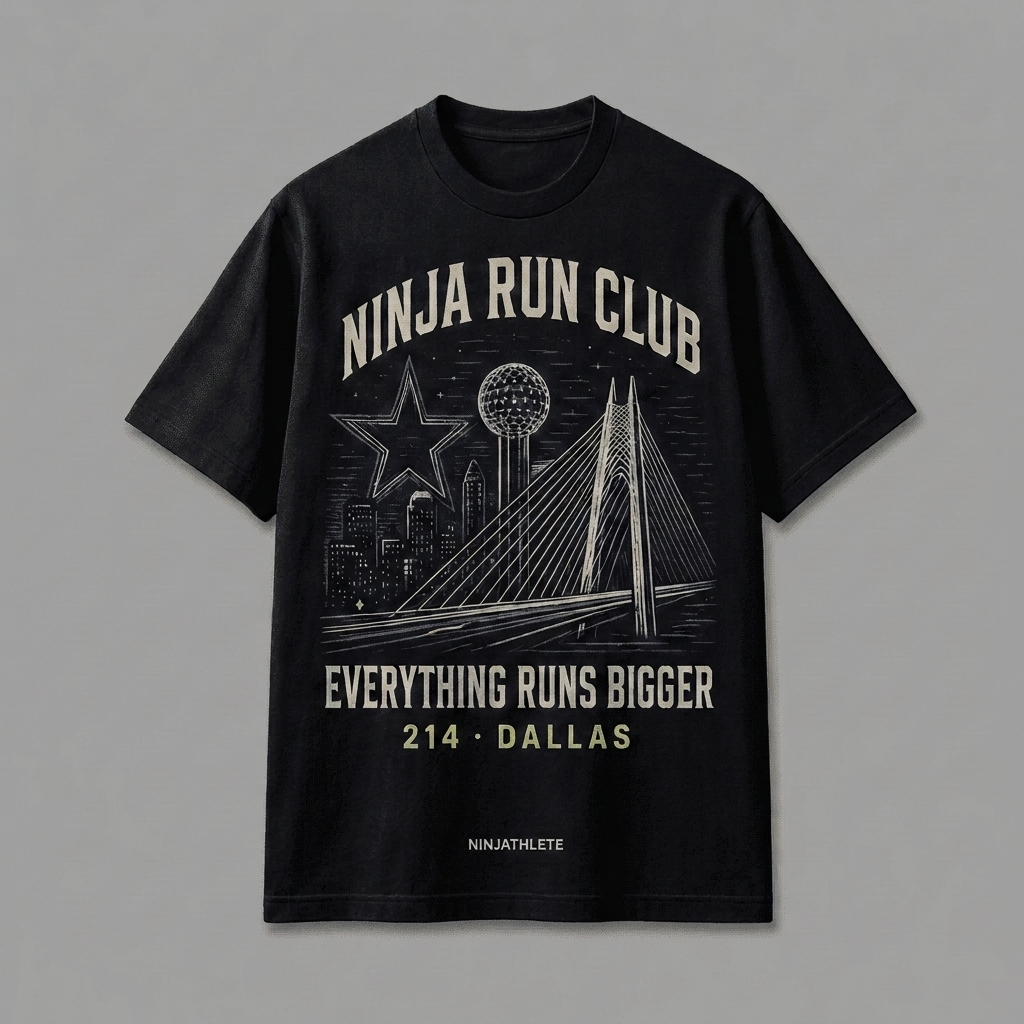 Dallas 214 black oversized running t-shirt featuring Reunion Tower, the Dallas skyline and the Margaret Hunt Hill Bridge and the words Everything Runs Bigger by Ninja Run Club