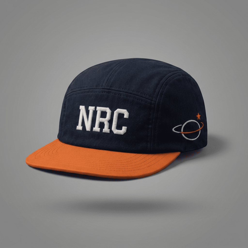 Houston 713 Ninja Run Club five-panel running hat in Navy / Orange / White with NRC embroidery and orbital star detail