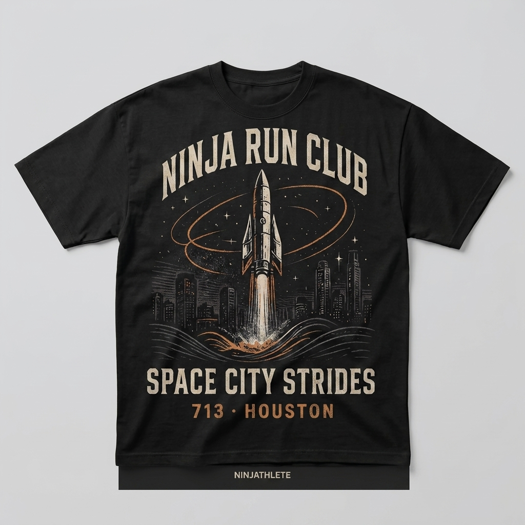 Houston 713 black oversized running t-shirt featuring Houston skyline, a launching rocket and orbital Space City lines and the words Space City Strides by Ninja Run Club