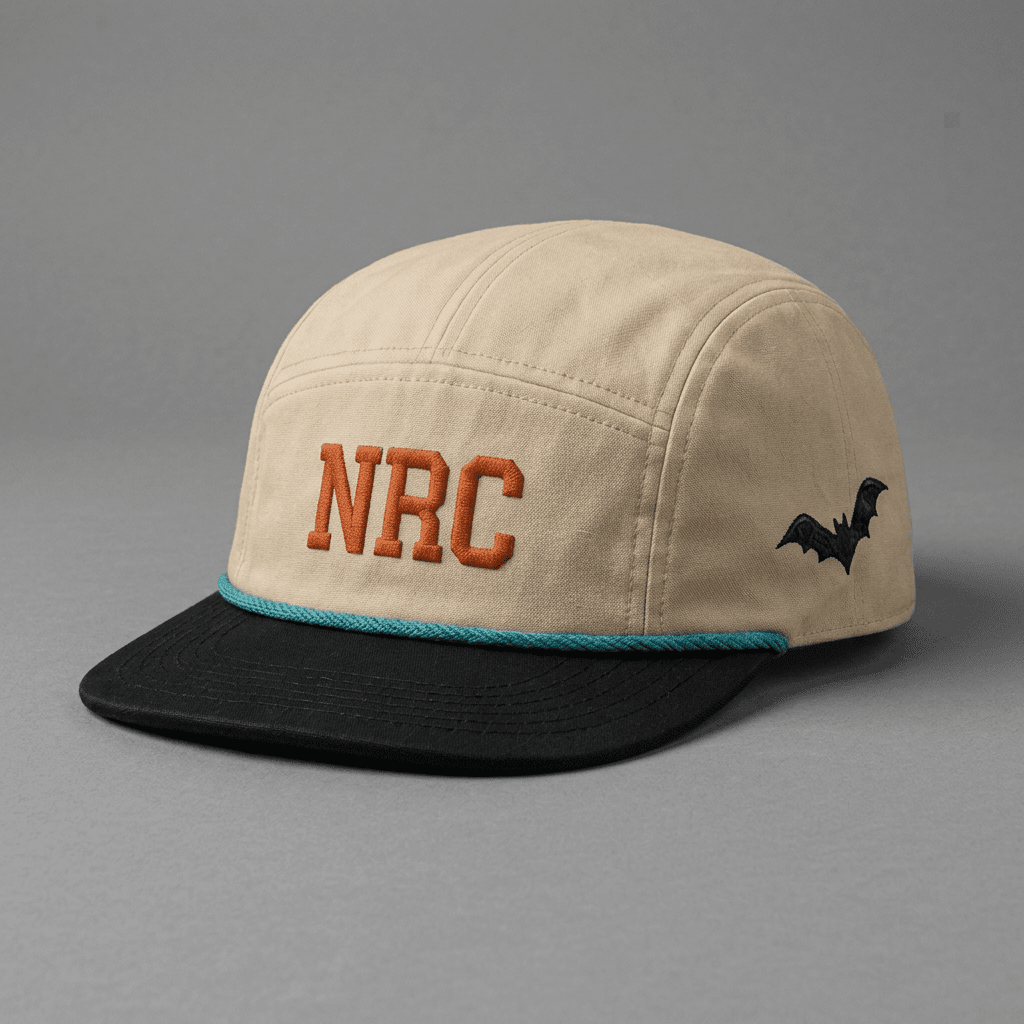 Austin 512 Ninja Run Club five-panel running hat in Bone / Black / Teal / Orange with NRC embroidery and bat detail