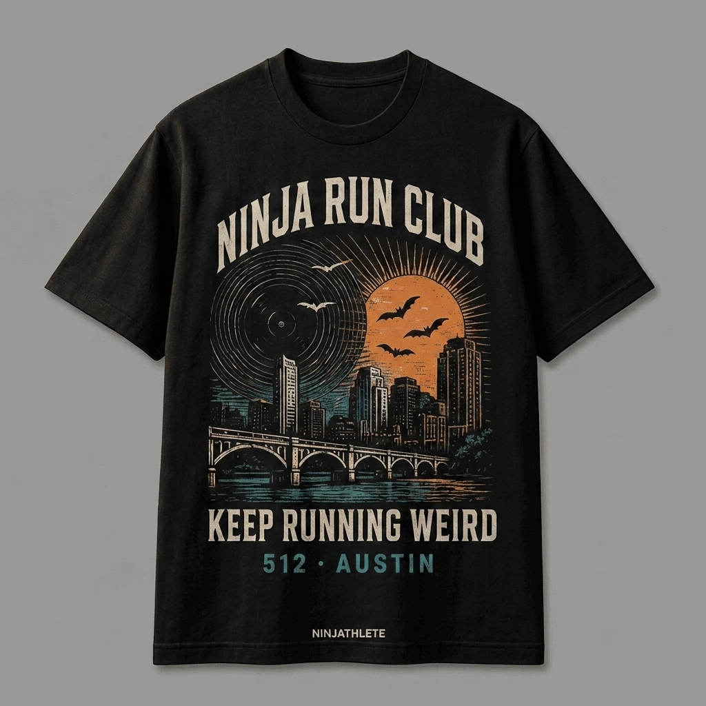 Austin 512 black oversized running t-shirt featuring Austin skyline, Congress Avenue bats, river bridges and an orange moon and the words Keep Running Weird by Ninja Run Club