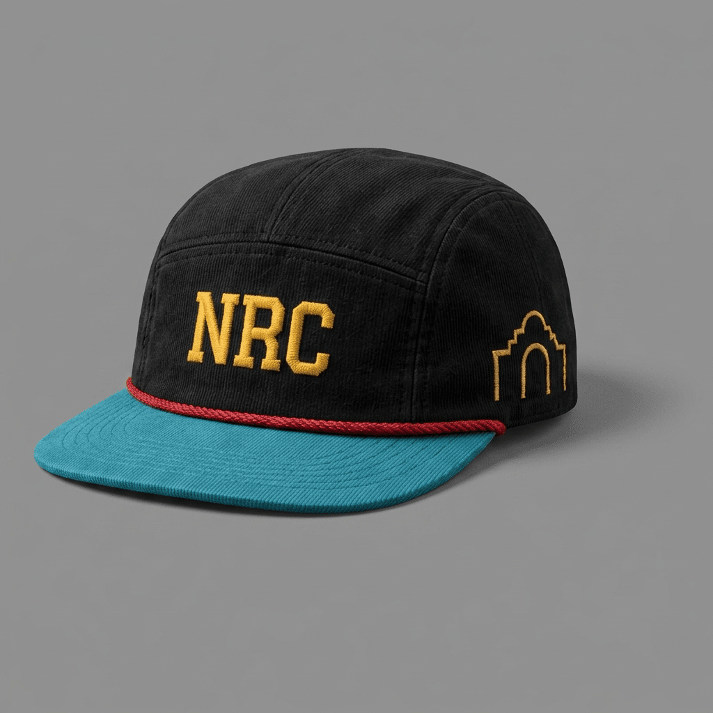 San Antonio 210 Ninja Run Club five-panel running hat in Black / Teal / Red / Gold with NRC embroidery and Alamo detail