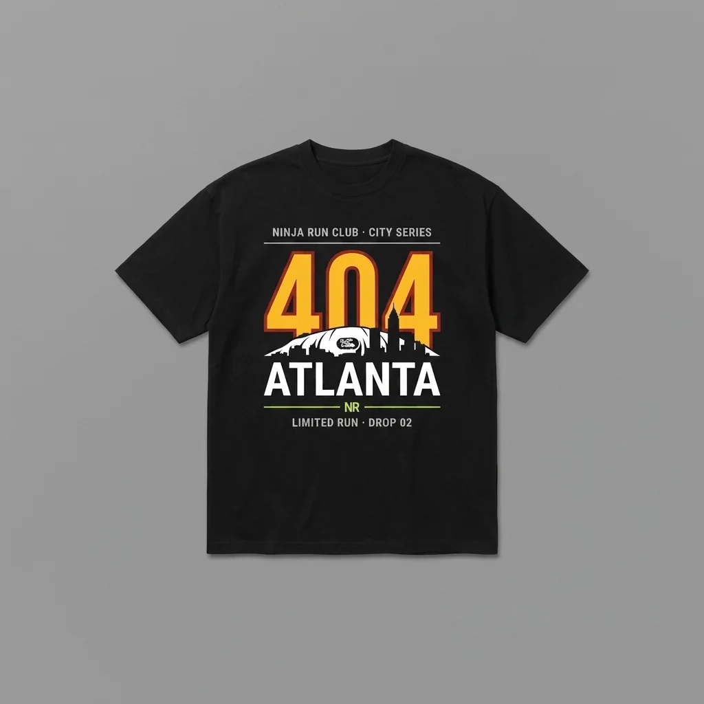 Atlanta 404 Drop 02 black oversized running t-shirt with giant hawks gold numerals, Stone Mountain and the skyline spire and house-green accents