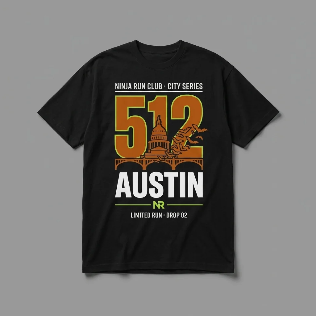 Austin 512 Drop 02 black oversized running t-shirt with giant burnt orange numerals, the Capitol dome and the Congress Avenue bats and house-green accents