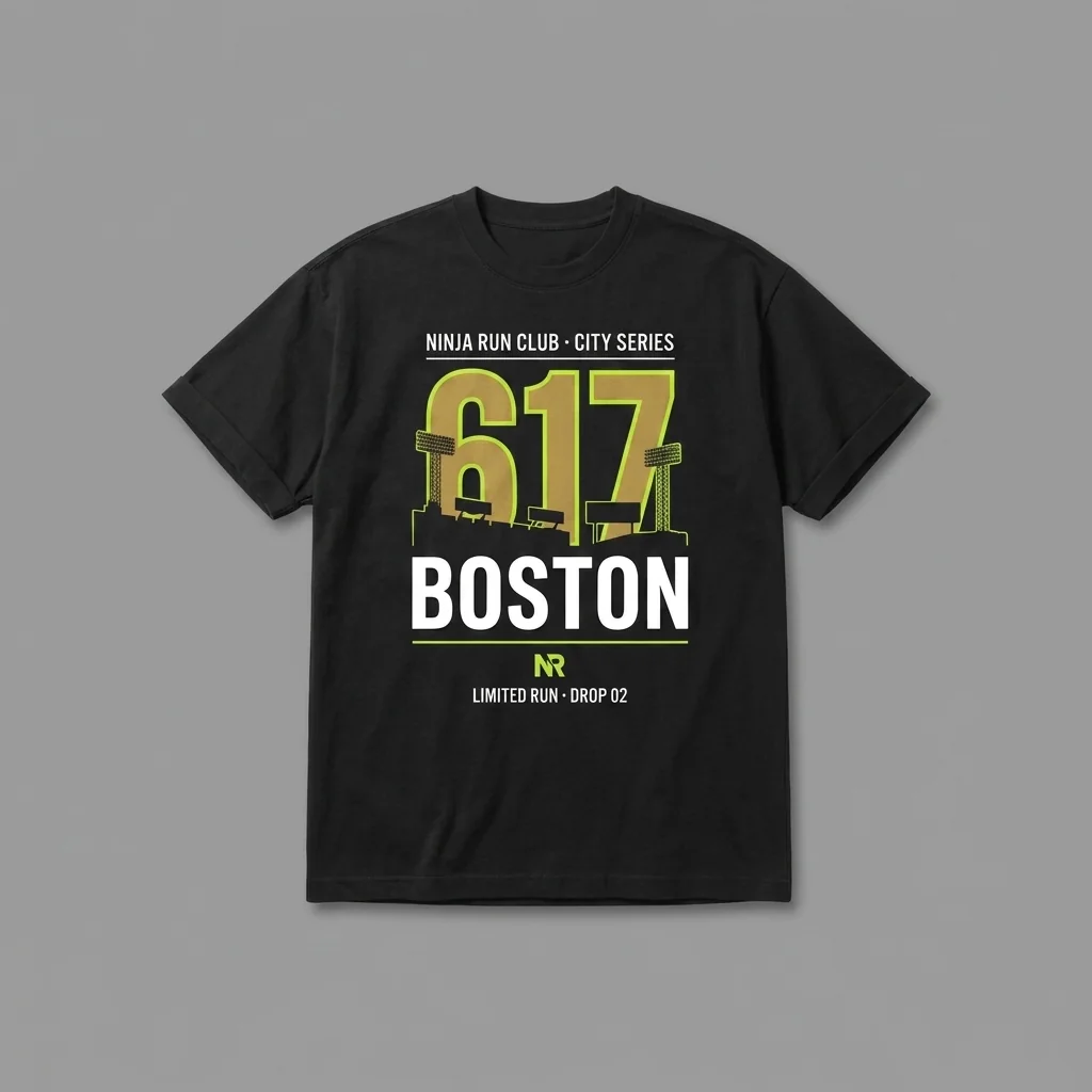 Boston 617 Drop 02 black oversized running t-shirt with giant celtics gold numerals, the Green Monster and light towers and house-green accents