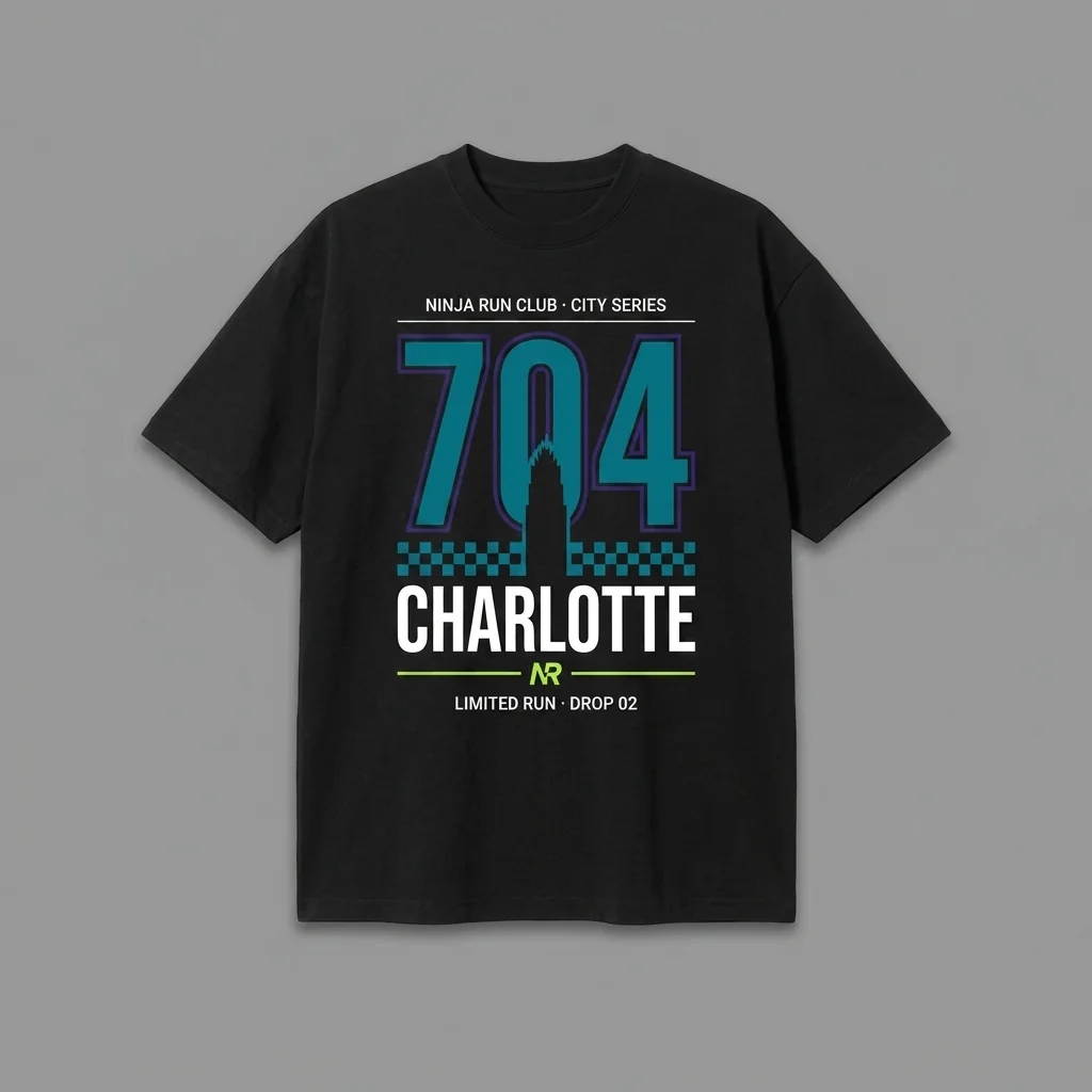Charlotte 704 Drop 02 black oversized running t-shirt with giant hornets teal numerals, the Uptown crown spire and a checkered hem and house-green accents