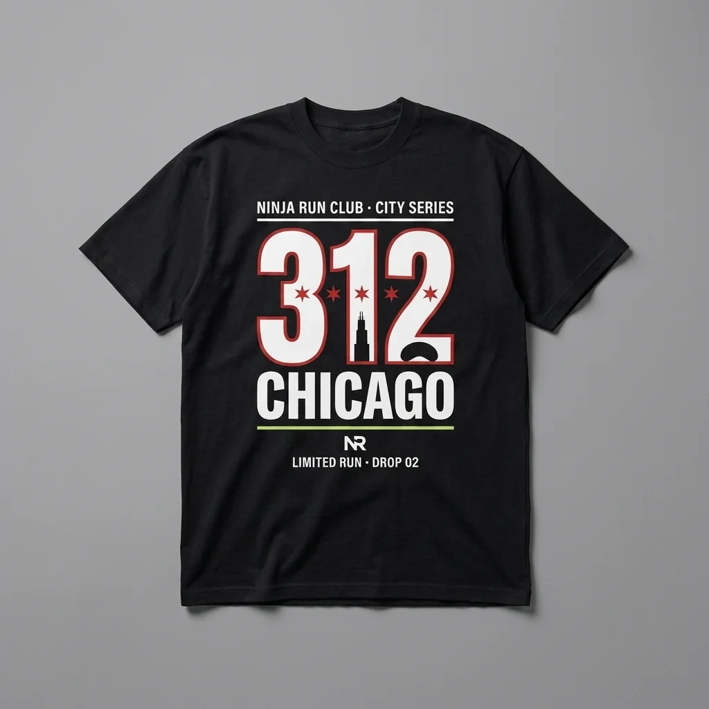 Chicago 312 Drop 02 black oversized running t-shirt with giant white numerals, two flag stars, Willis Tower and the Bean and house-green accents