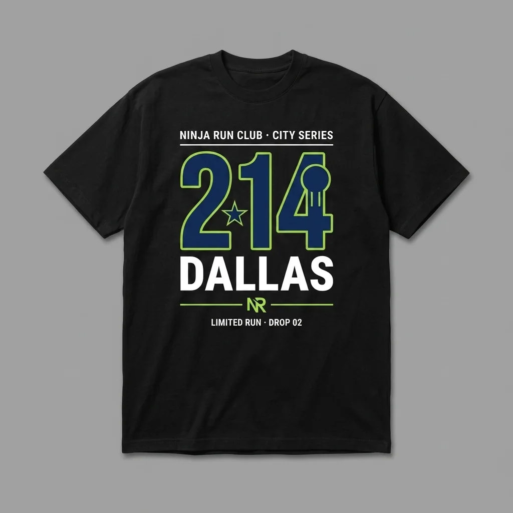 Dallas 214 Drop 02 black oversized running t-shirt with giant cowboys navy numerals, a lone star and the Reunion Tower ball and house-green accents