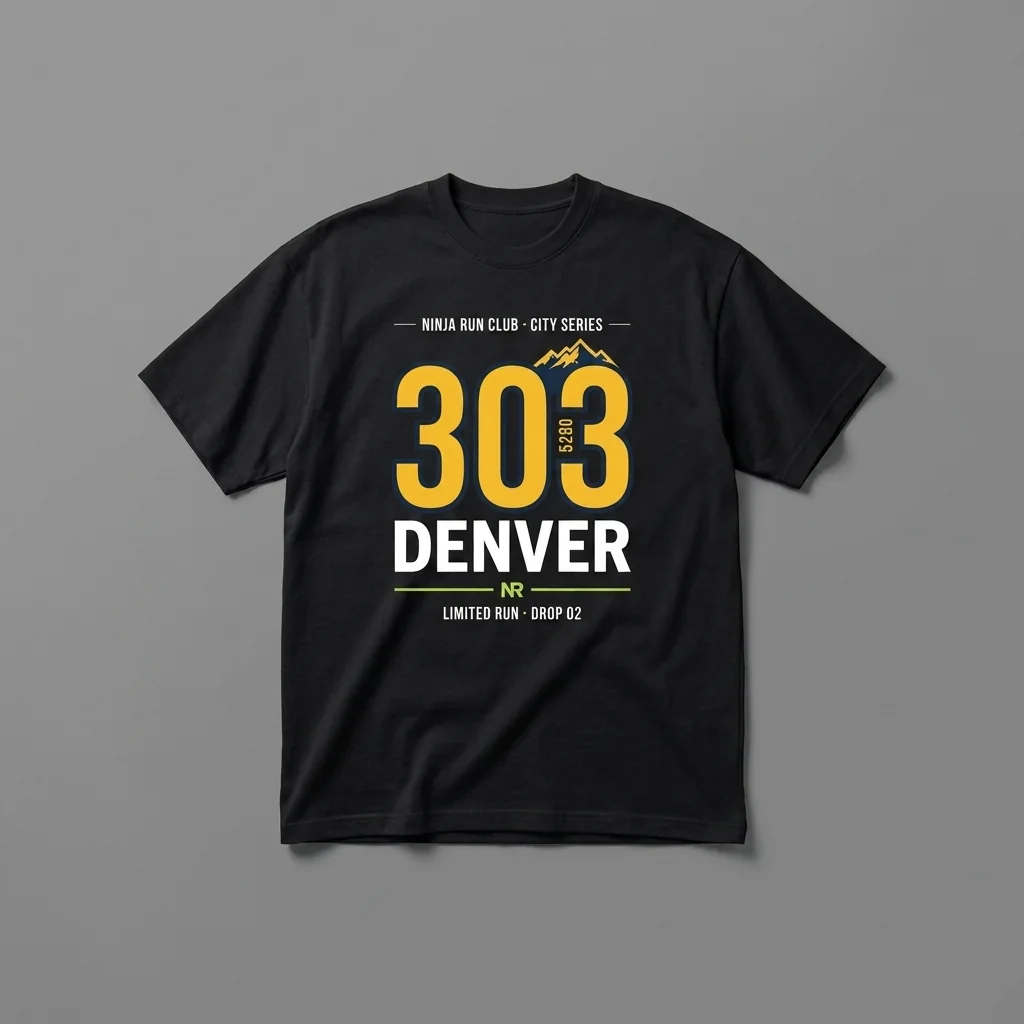 Denver 303 Drop 02 black oversized running t-shirt with giant sunshine yellow numerals, the Front Range and a stacked 5280 and house-green accents