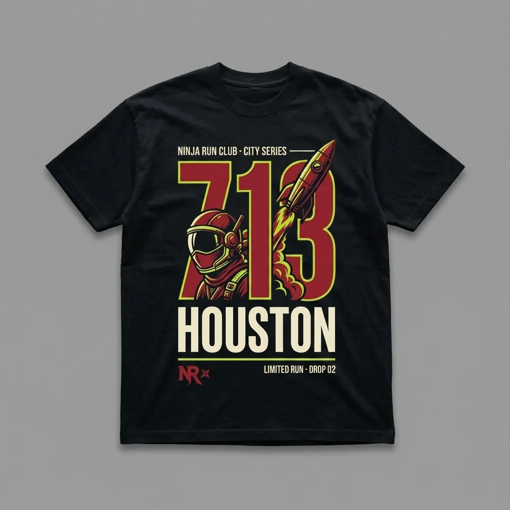 Houston 713 Drop 02 black oversized running t-shirt with giant battle red numerals, a rocket and a ninja-astronaut helmet and house-green accents