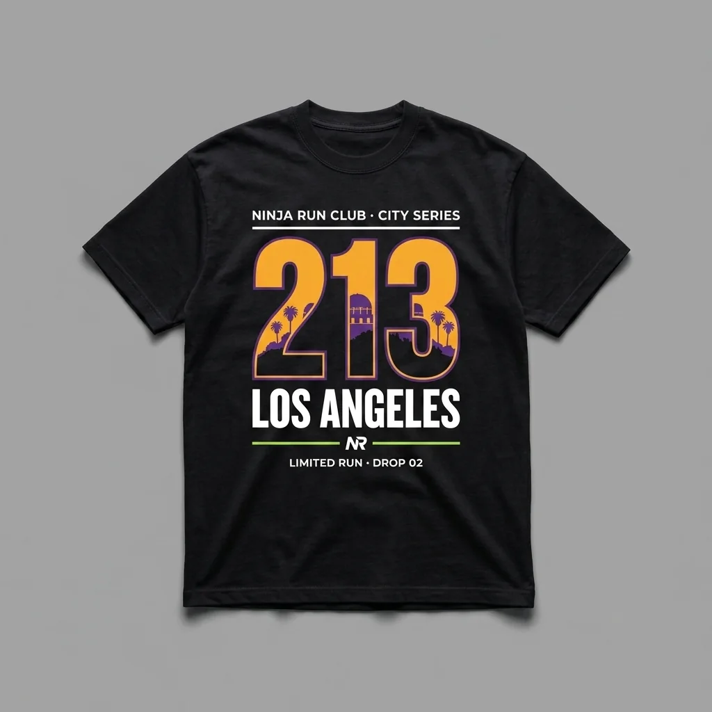 Los Angeles 213 Drop 02 black oversized running t-shirt with giant lakers gold numerals, Griffith Observatory, the hills and palms and house-green accents