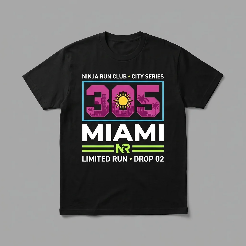 Miami 305 Drop 02 black oversized running t-shirt with giant vice fuchsia numerals, a deco facade, sunburst and palms and house-green accents