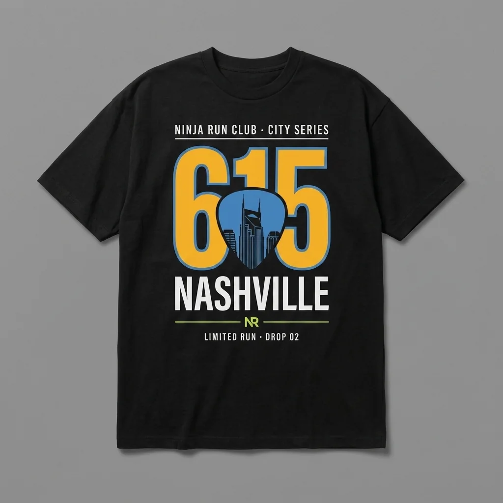 Nashville 615 Drop 02 black oversized running t-shirt with giant predators gold numerals, the Batman Building in a guitar pick and house-green accents