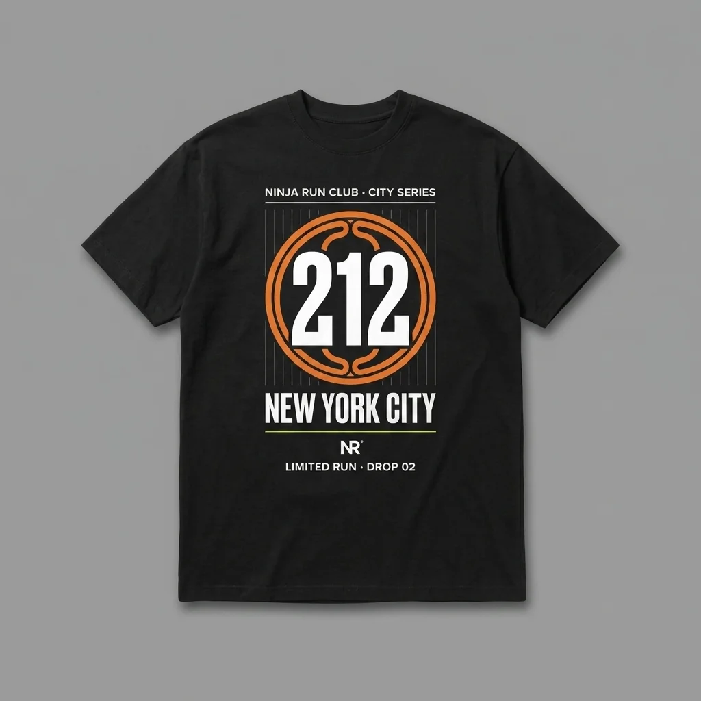 New York 212 Drop 02 black oversized running t-shirt with giant white numerals, the reservoir loop and pinstripes and house-green accents