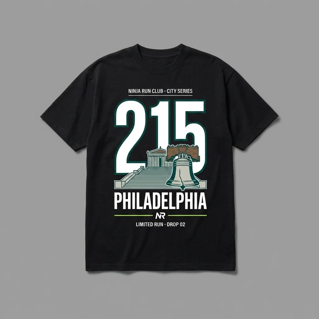 Philadelphia 215 Drop 02 black oversized running t-shirt with giant white numerals, the Rocky Steps and the Liberty Bell crack and house-green accents